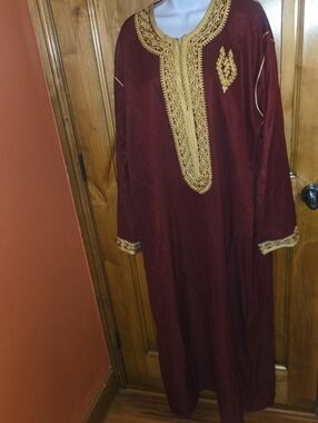 Burgundy Embroidered Kaftan with Gold Trim